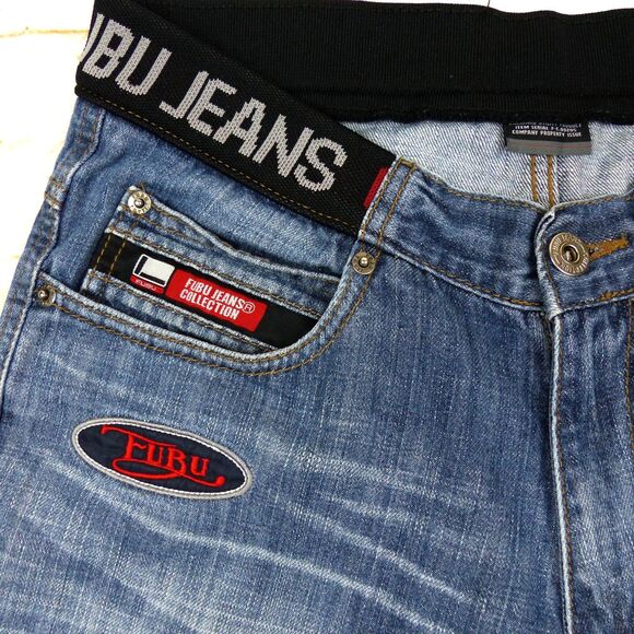 VTG FUBU Collection X Ford Denim Shorts Mens 29X17 Blue Logo Sporty Jorts Y2K - Picture 6 of 12